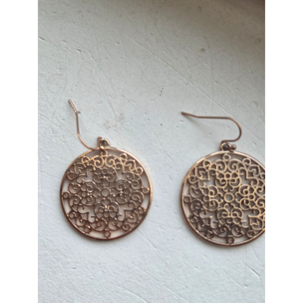 Gold Filigree Circular Drop Earrings Boho Mandala Medallion Fishhook